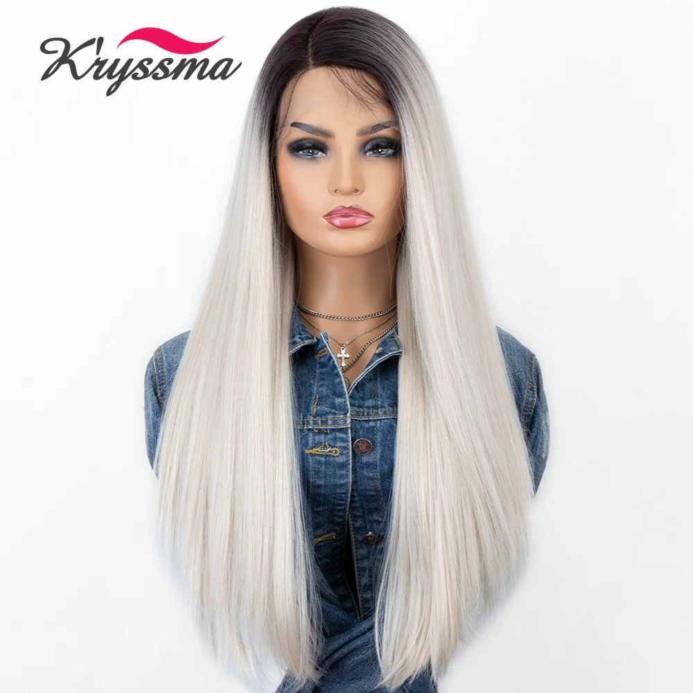 Kryssma  Dark Grey Wig Long Straight Synthetic Lace Front Wigs for Black Women Ombre White Cosplay Wig Heat Resistant Fiber Hair