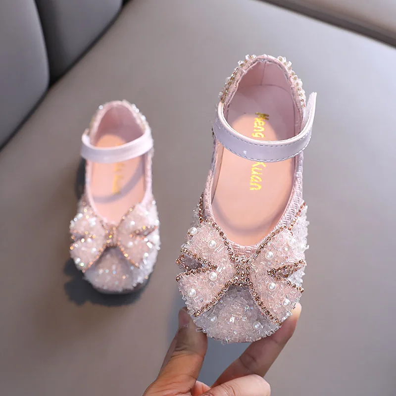 New Girls Sequin Leather Shoes 2022 Spring Hot Sale Kids Soft Bottom Shoes Children Rhinestone Bow Non-Slip Flats Shoes G47