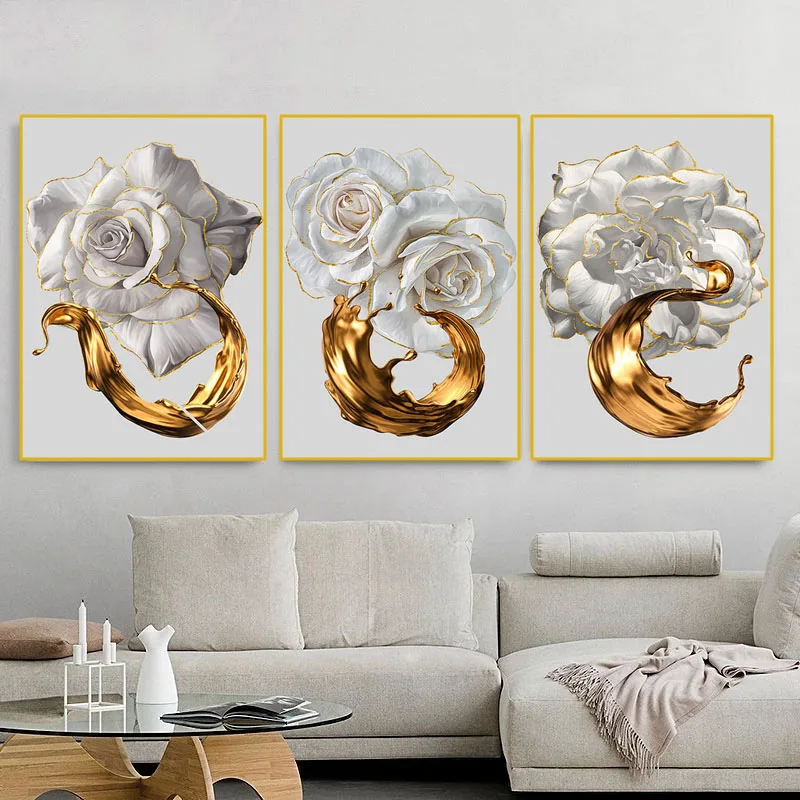 

Nordic abstract art floral canvas paintings and posters, modern plant white gold pink murals for family living room decoration