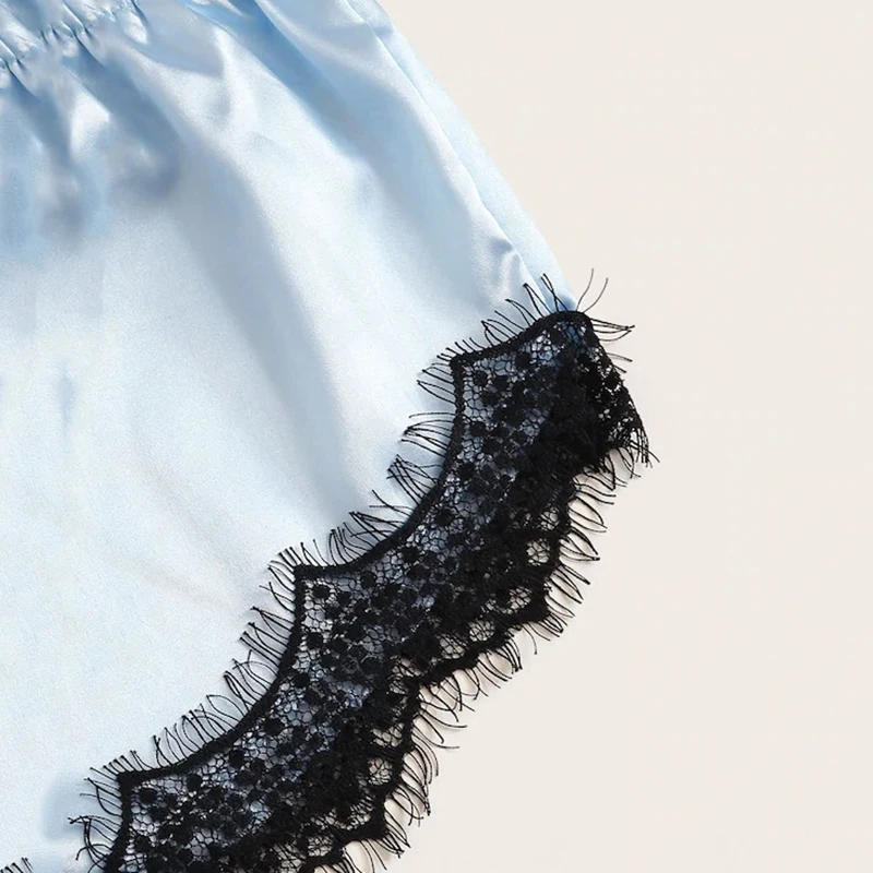 

New Arrival Women Summer Sexy Pajamas Underwear Lace Slip Hollow-out Blue Pajama Sets Two-Piece