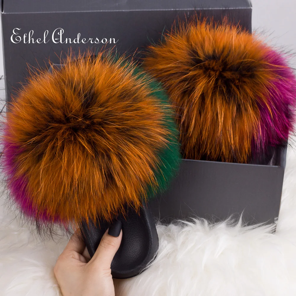 2020 летние женские меховые шлепанцы Красивые домашние тапочки с лисьим мехом и