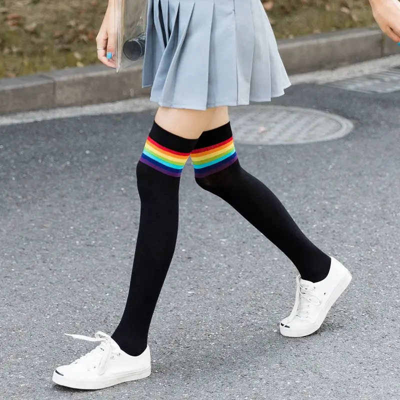 

Cute Rainbow Stripes Knee-High Stockings Preppy Style Long Socks Fashion Sweet All-Match Women's Cotton Hose Harajuku Kawaii
