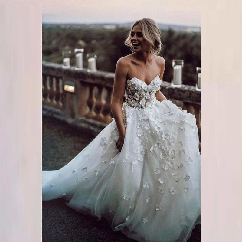 

2020 Latest Charming White Bridal Wedding Gowns A Line Sweetheart Flowers Beaded Corset Bodice Wedding Dress for Bride Backless