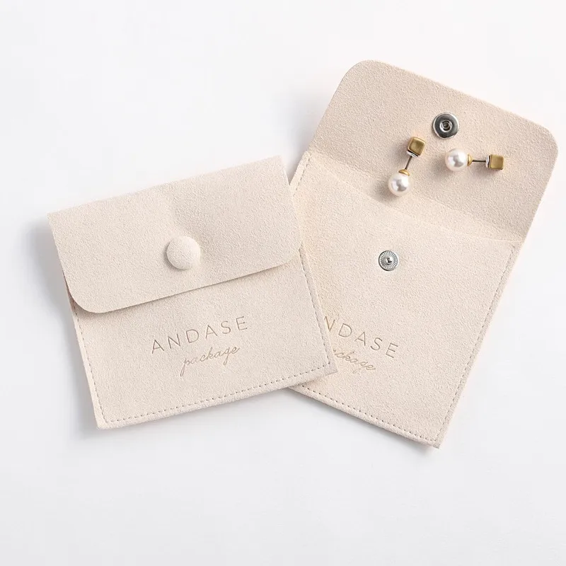 Wholesale Custom Small Luxury Microfiber Suede Necklace Packaging Bags with Snap Button Closure Suede Jewelry Pouches with Logo