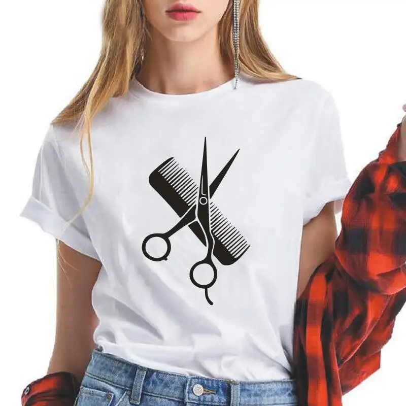Модная женская футболка с принтом парикмахеров стилистов ножниц расчесок