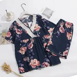 Женская летняя Пижама с цветочным принтом и коротким рукавом