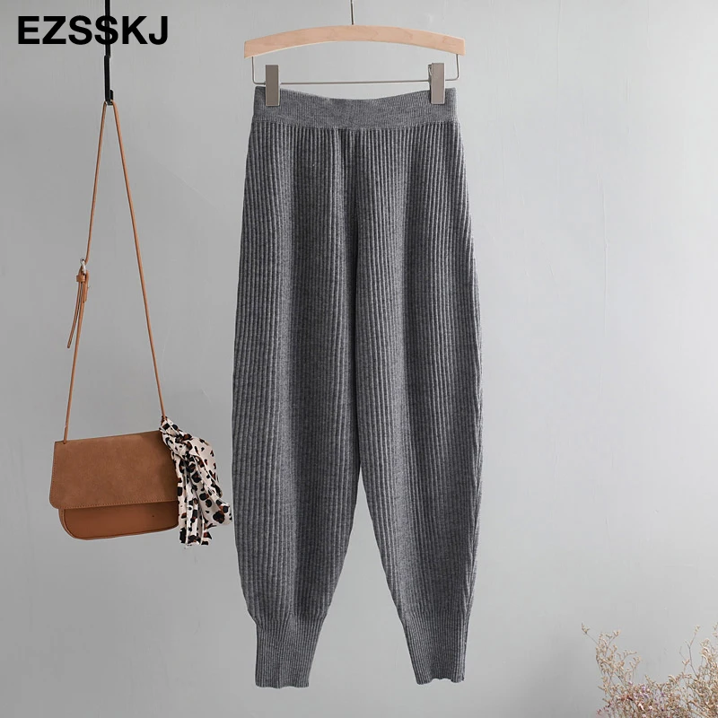casual Elastic Waist Trousers Thick Knitted Women Harem Pants Autumn Winter Sport swear female sweater Radish pants Grandma