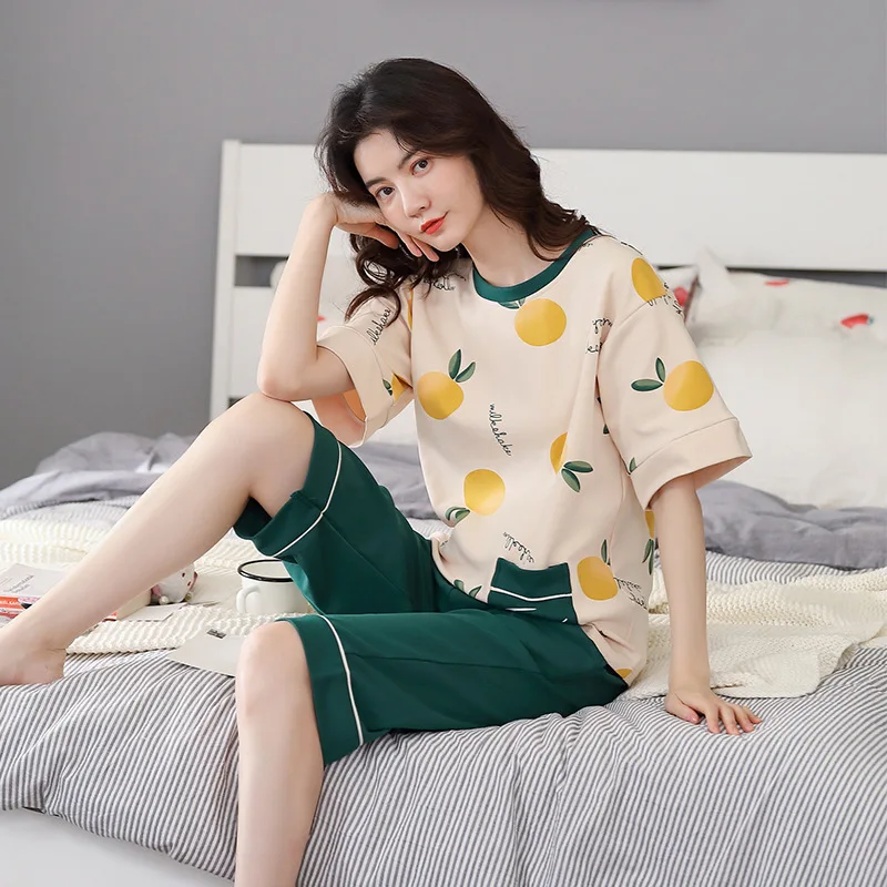 

Korean Style Women Pajamas Oversized Casual Tops Cropped Trousers Home Service Suits Fruit Cute Lady Nightgown Summer Outer Wear