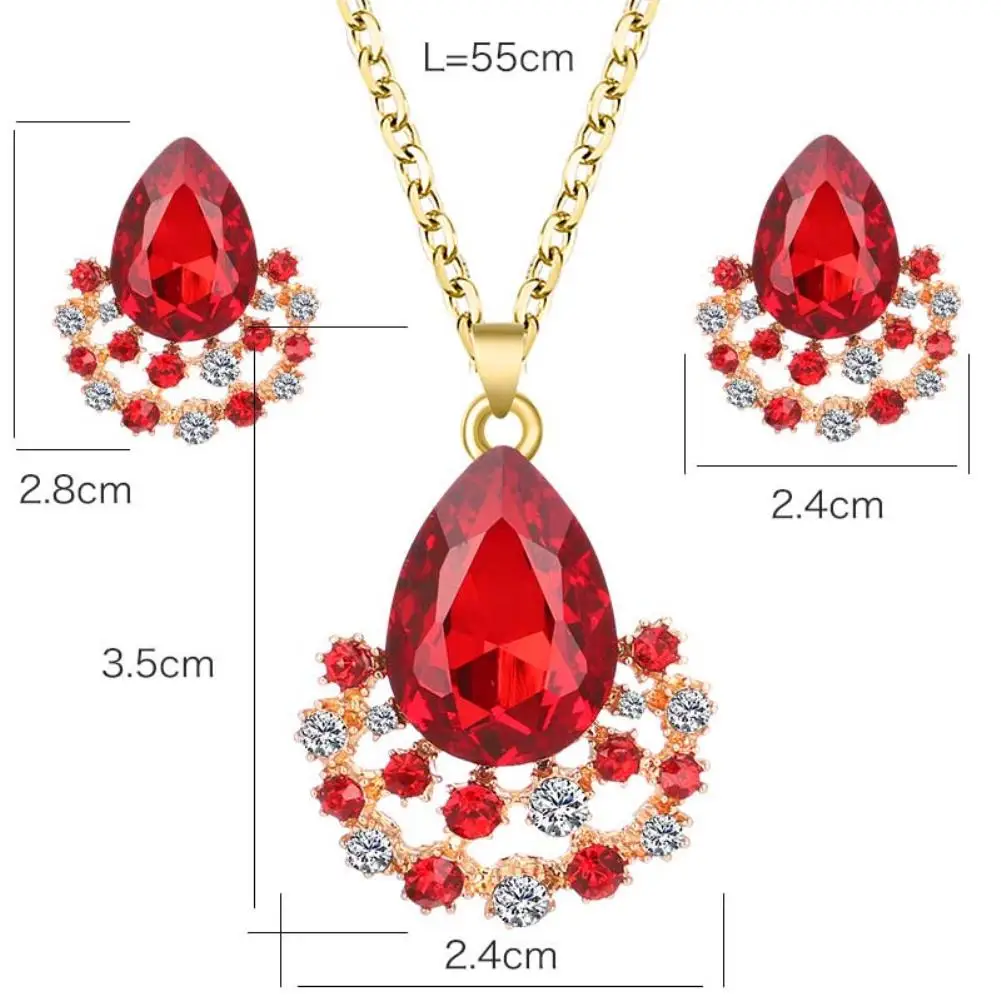 

Luxury Women Faux Gem Water Drop Pendant Necklace Earrings Party Jewelry Set