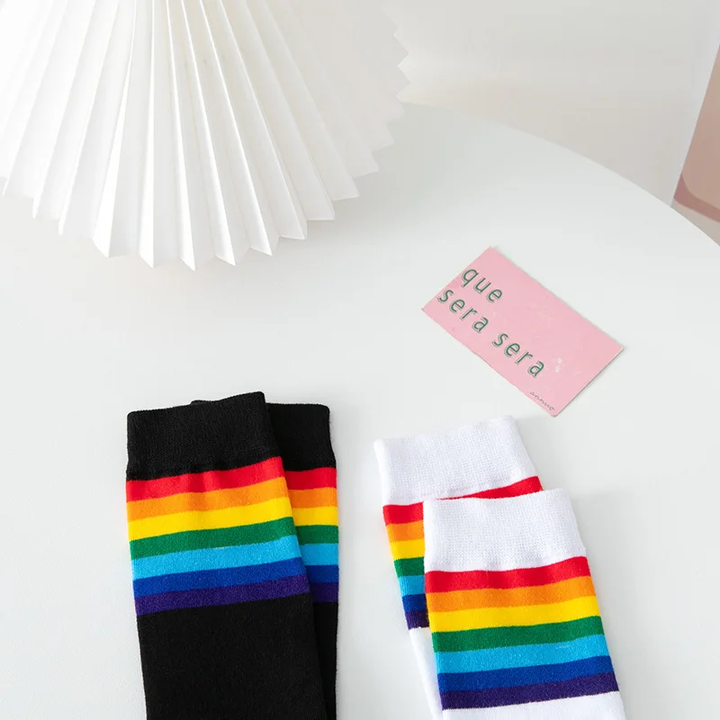 

Fashion Luxury Rainbow Stripe knee Long Socks Woman Cotton Colorful High Quality Female Leg Socks Vintage Hiphop Skateboard Sock