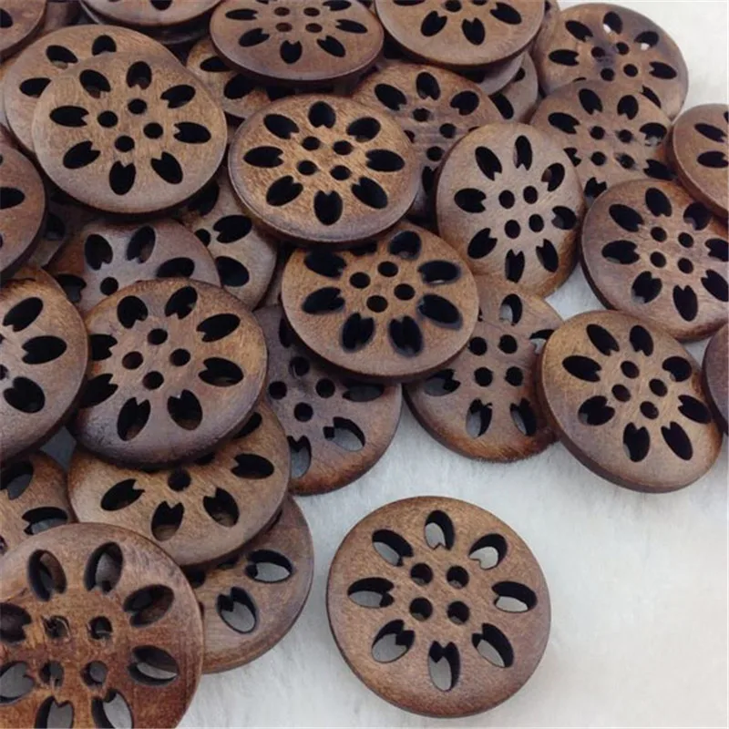 

20/40pcs Pierced Flower Wood Buttons 25mm Sewing Craft Accessory Brown WB215
