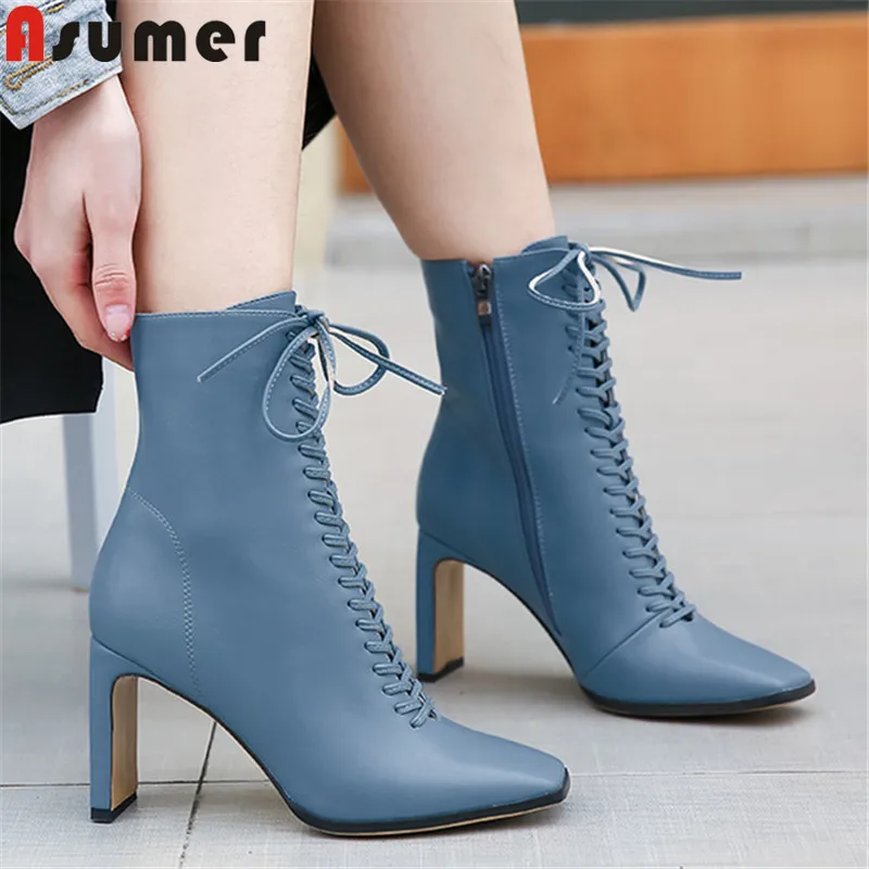 

Женские офисные классические ботильоны ASUMER, Винтажные ботинки на высоком каблуке, с квадратным носком и перекрестной шнуровкой, на молнии, ...