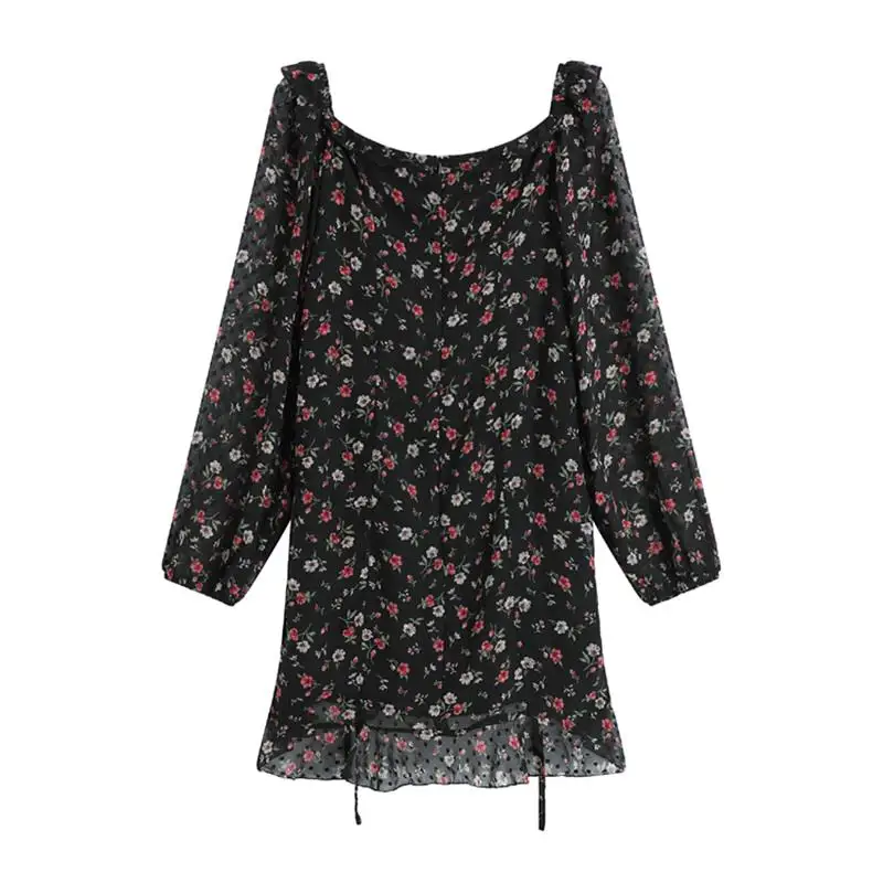 

Romantic 2020 Autumn New Women Dress Long-sleeved Slim Chic Drawstring Ruffled Square Collar Floral Vintage Clothing For Female