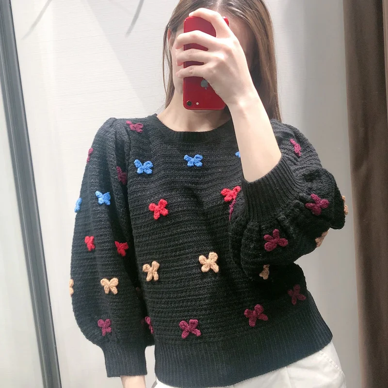 Женский трикотажный пуловер с рукавом-фонариком круглым вырезом | Женская одежда