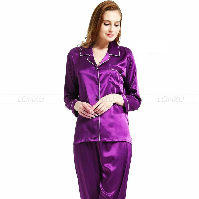 

Women Silk Satin Long Sleeve Pajamas Set Sleepwear Sets plus size For Female