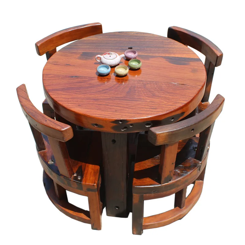 

GY Old Ship Wood Table-Chair Set Solid Wood Dining Table round Antique Coffee Table Sunscreen and Waterproof Occasional Table