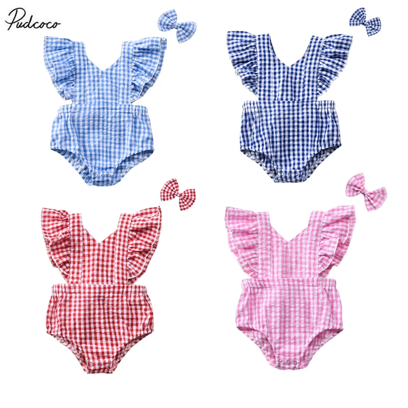 Летняя одежда для малышей 2020 боди в клетку новорожденных девочек комбинезон без