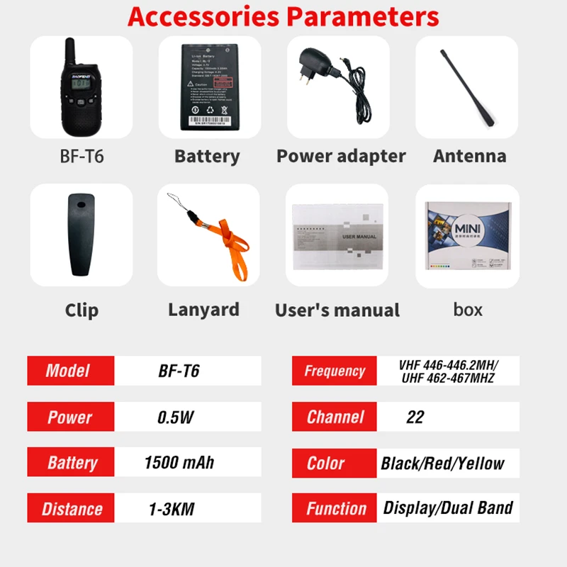 

New Baofeng Mini Kids Walkie Talkie BF-T6 FRS PMR Handheld Two Way Radio 22-Channel Portable CB Radio FM Transceiver for Childre