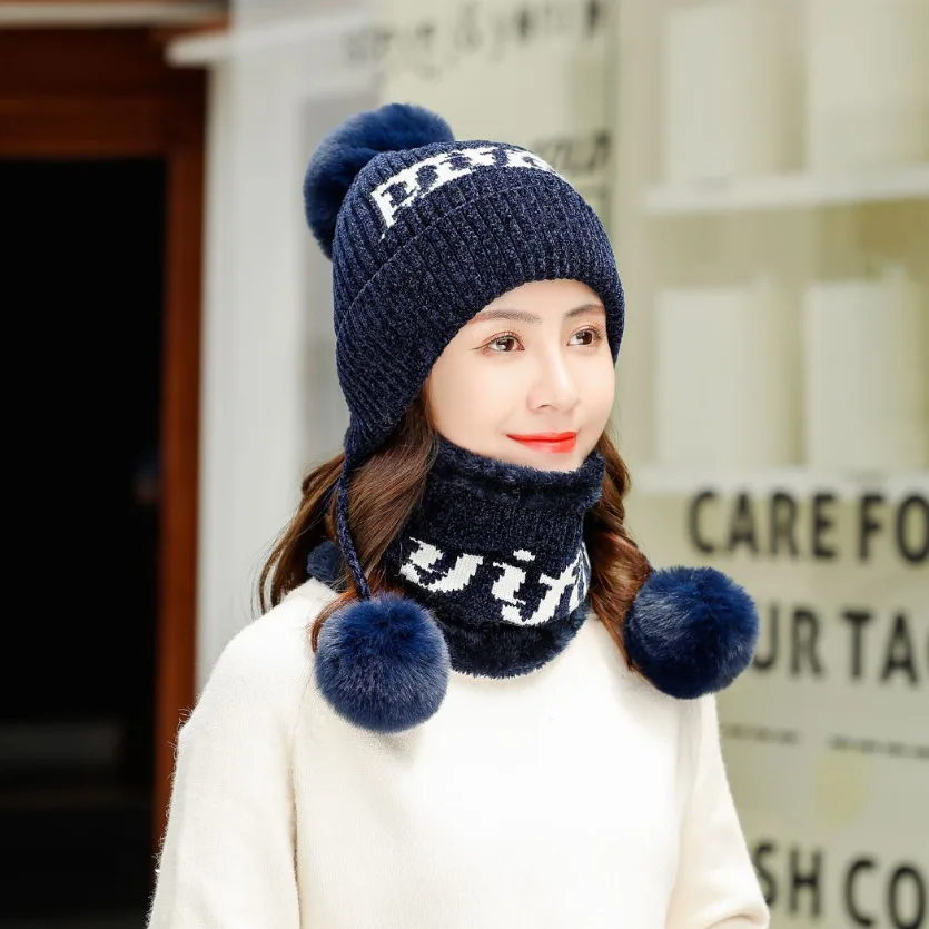 Зимние женские вязаные шапки и шарф с помпоном Женская плотная шапка 2 шт. зимние