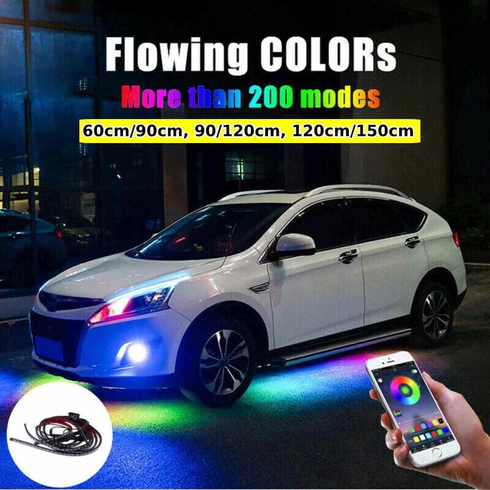 

60/90cm,90/120cm,120/150cm Underbody Under Glow Light Kit Voice+APP Control Multiple Modes of Flashing Car Music RGB LED Strip