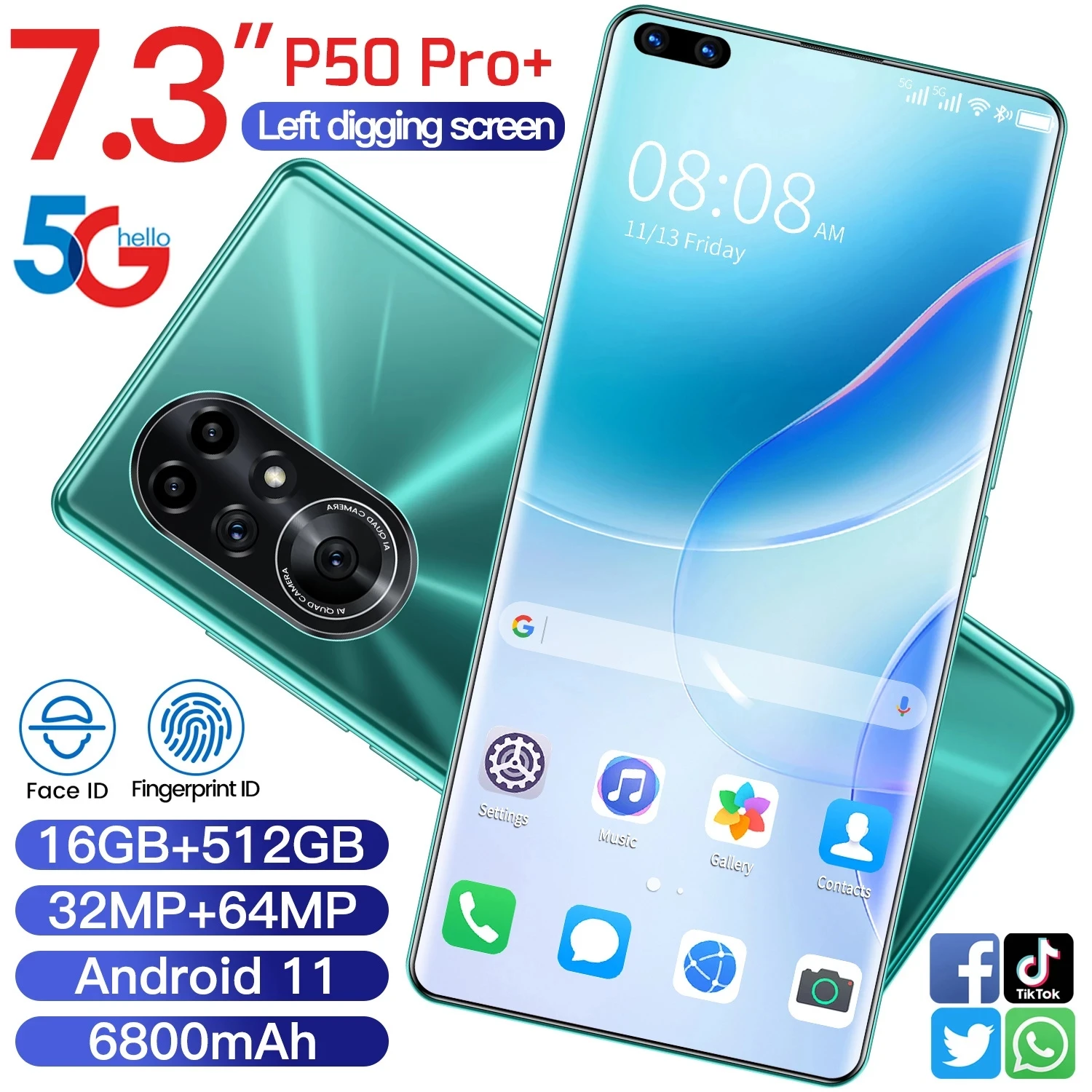 

Global Version P50 Pro+7.3 Inch MTK6898 Smartphone 16+512GB Andorid 11 Support Google GPS Dual SIM 5G 10 Core Network Cellphone