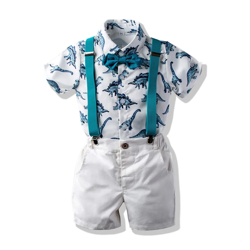 BINIDUCKLING Kids Boy Formal Clothes Set Dinosaur Printed Bow-Tie Shirt Pants Suit For Child Boys Clothing | Детская одежда и