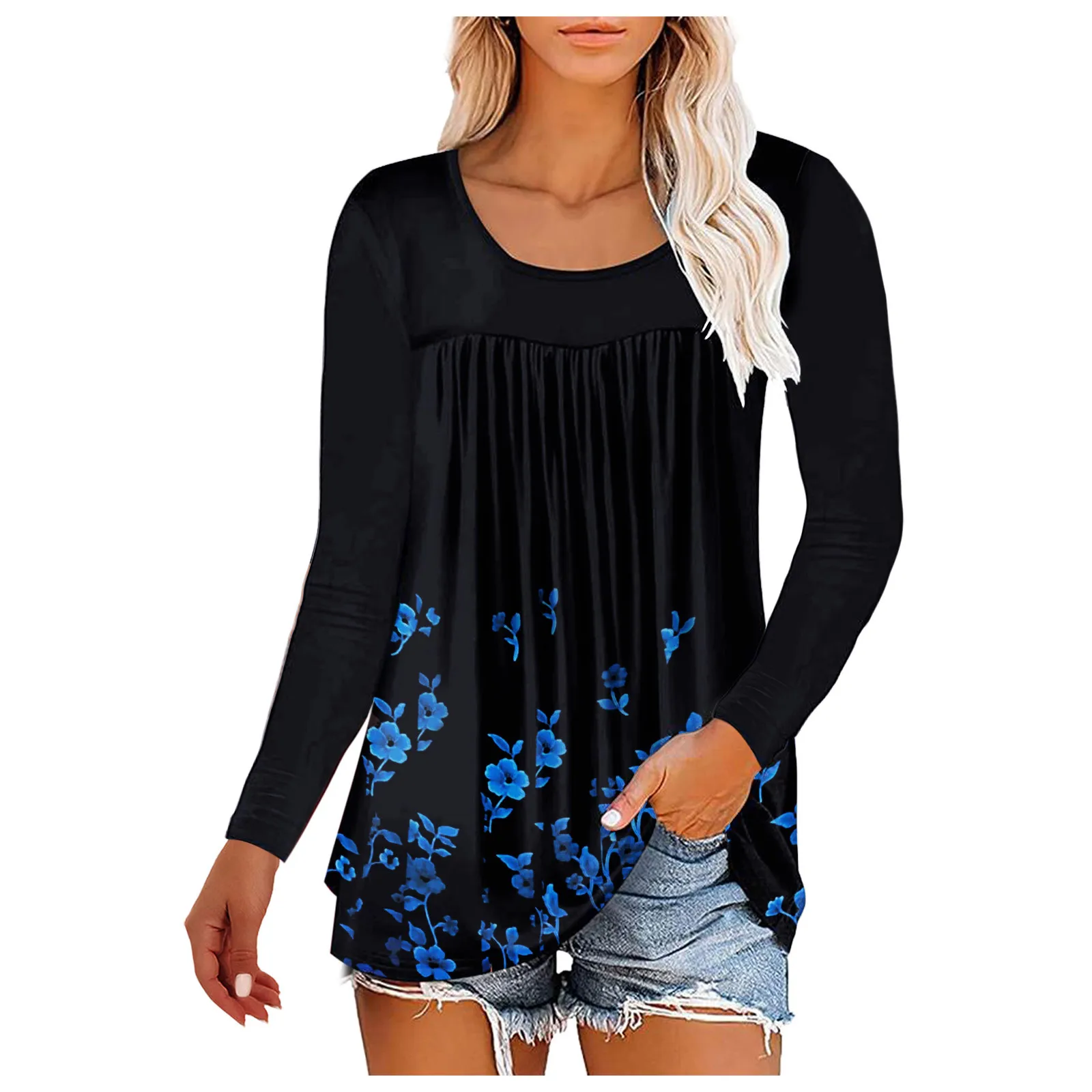 

Floral Printed Wrinkles Women Blouses O Neck Long Sleeve Casual Loose Female Tops Funny Western Style Fashion Girl Blouse Shirts