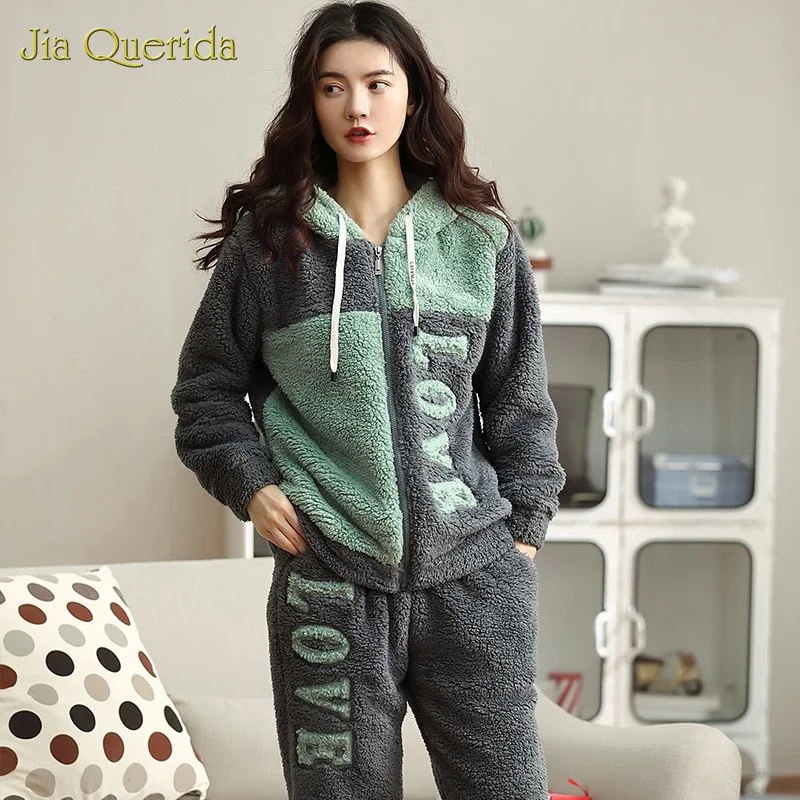 Pijama Mujer 2020 New Winter Home Clothes Fashion Sproty Style Women's Two Pieces Embroidery Hooded Set Particle Fleece Zip Pjs | Женская