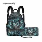 Комплект женских сумок и кошельков Nopersonality с принтом Чеширского кота на Хэллоуин, 2 шт., кожаный рюкзак и кошелек для денег, комплект из Сумки из искусственной кожи и клатча