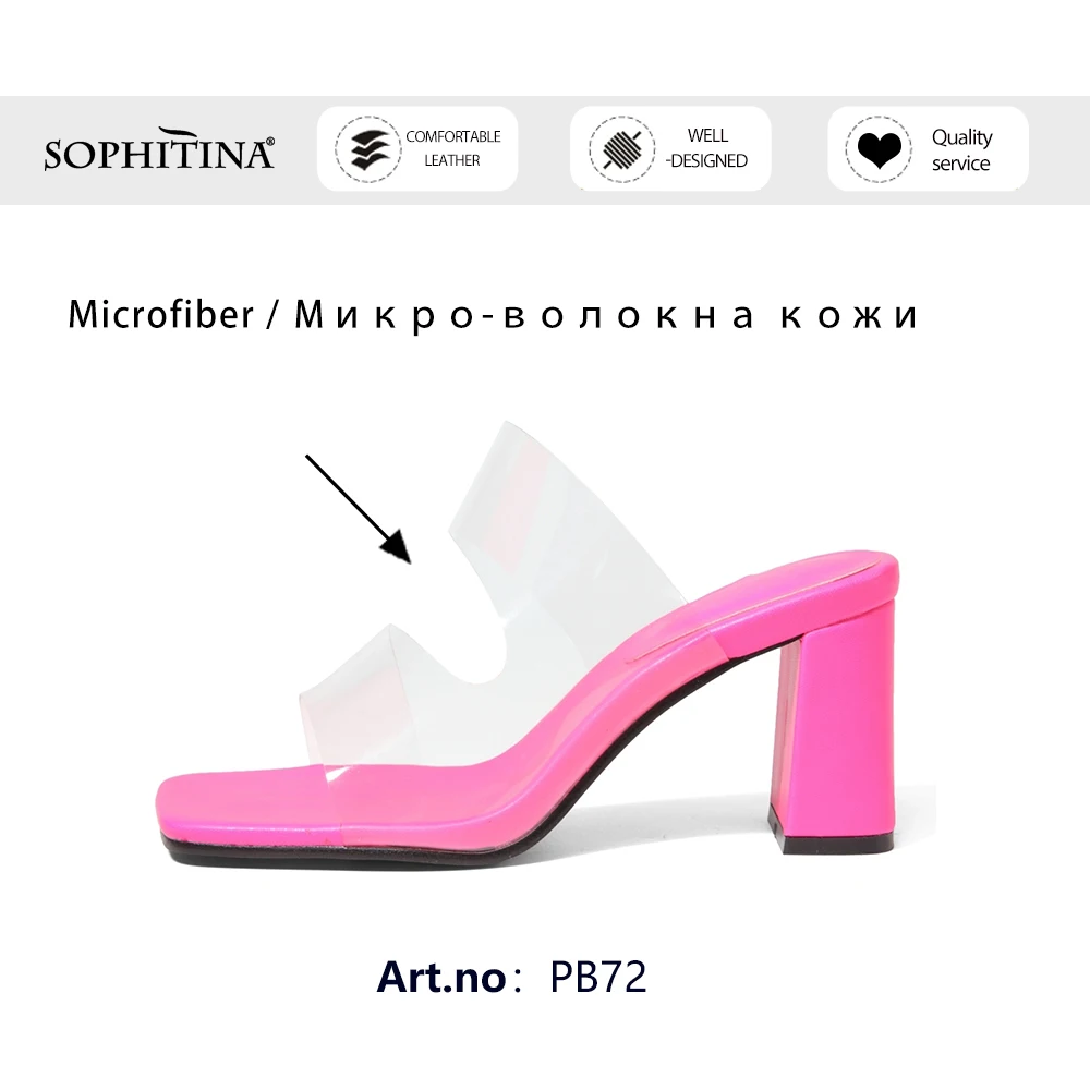 

SOPHITIAN Sandals Woman Mules Slippers Transparent Rose Red V-shape Square Toe High Square Heel Dress Lady Shoes PB72