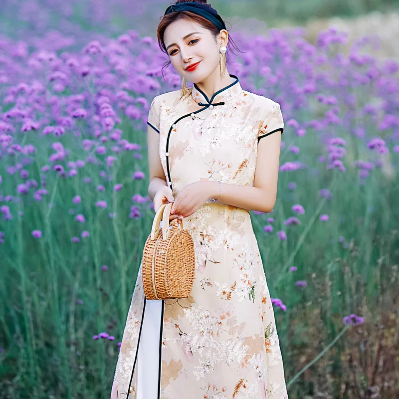 

Print Crane Chinese Wedding Party Cheongsam Dress Casual Embroidery Flower AoDai A-Line Skirt Summer New Large Size Qipao Gown