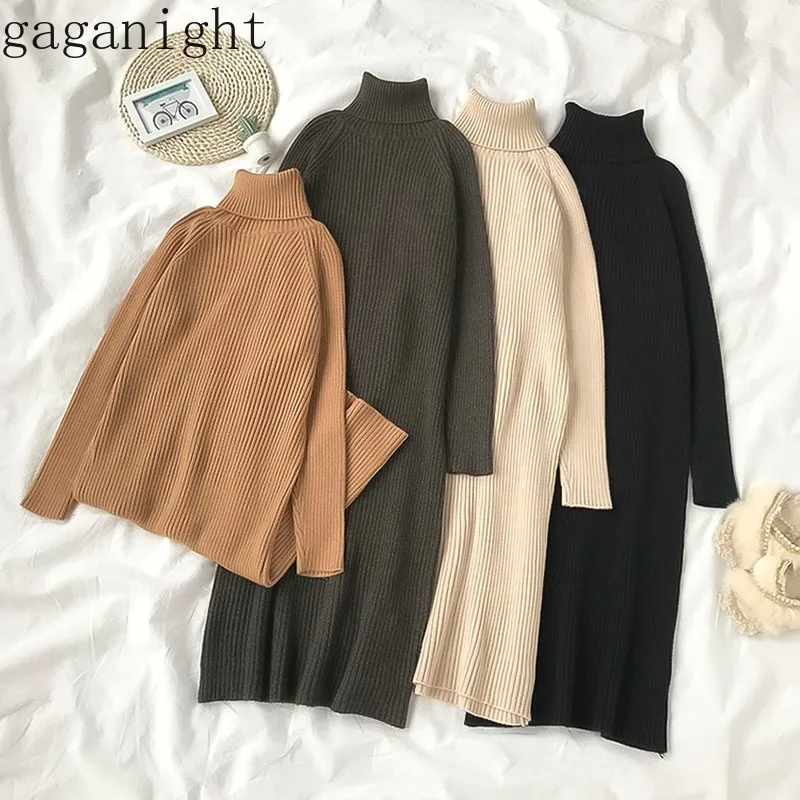 Gaganight трикотажное тонкое элегантное женское Макси облегающее платье Осень Зима Водолазка пуловер Платья