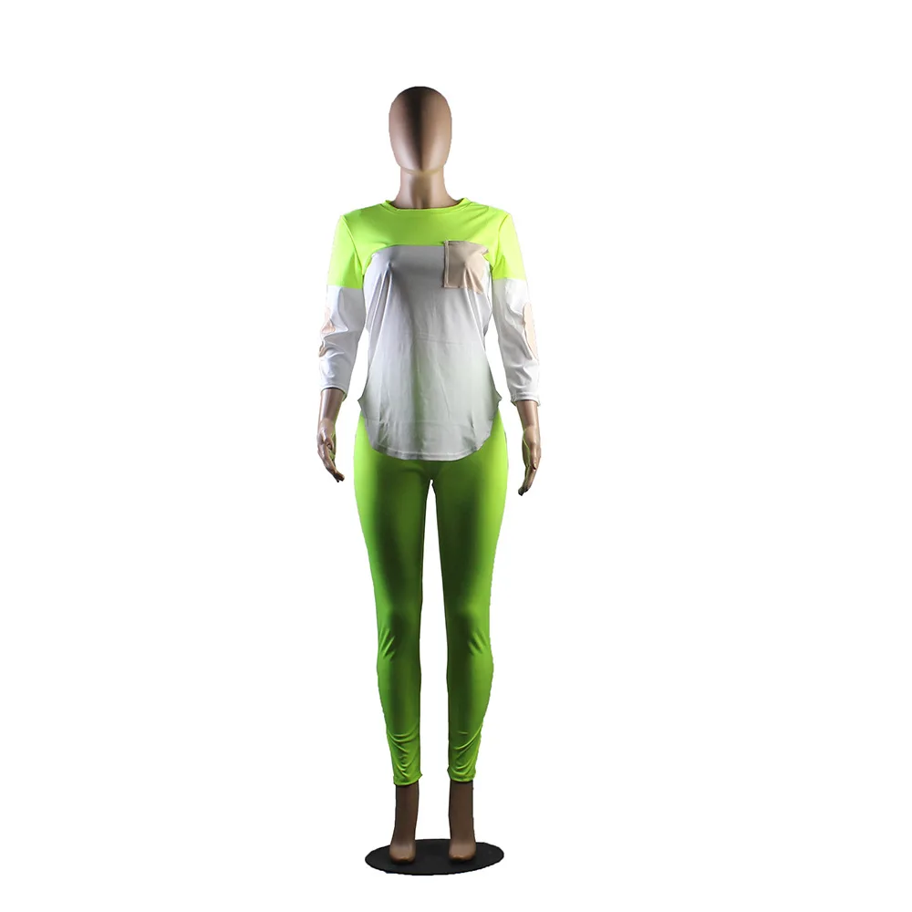 neon green HAOYUAN размера плюс, комплект из двух предметов, женский спортивный костюм, топ и штаны для бега, спортивный костюм, 2 предмета, наряды, Рейв, осенняя одежда, подходящие комплекты - Цвет: neon green