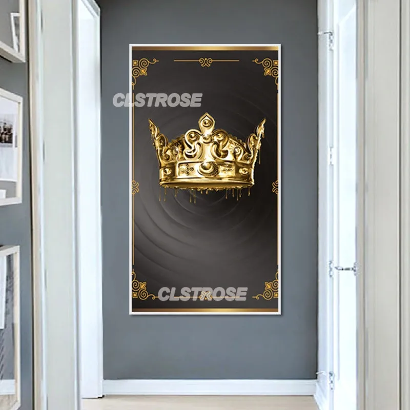 

Black Wall Art Poster Golden Crown and Letters Home Decorative Canvas Painting for Bedroom Living Room Extreme Frameless Style