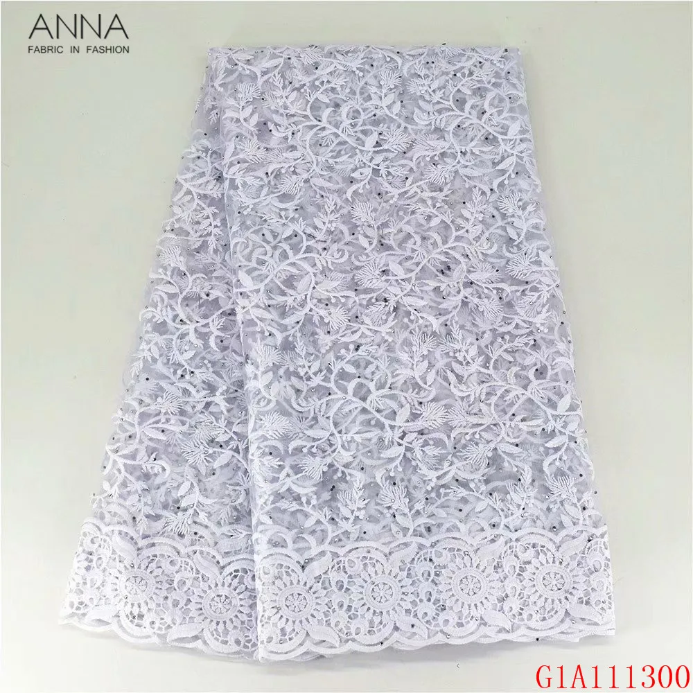 Анна белый Африканское молочного цвета Шелковое кружево ткань вышивка с камнями