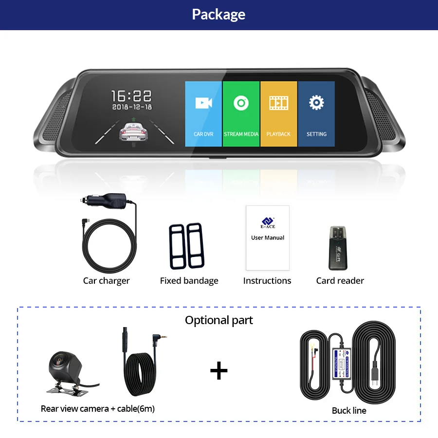 E-ACE, автомобильная dvr камера, 10,0 дюймов, сенсорное зеркало, FHD 1080 P, видео рекордер, авто регистратор, видеорегистратор, двойной объектив с камерой заднего вида