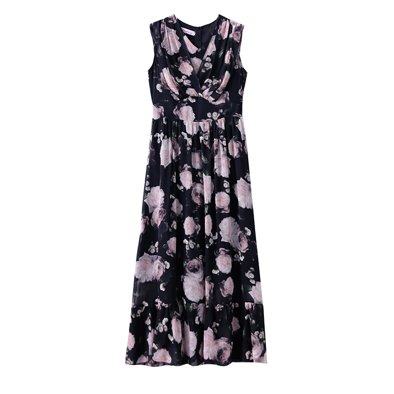 

COIGARSAM 4XL Plus Size French Style Women dress New High Waist V-Neck Dresses Pink Flowers Black Flower 743