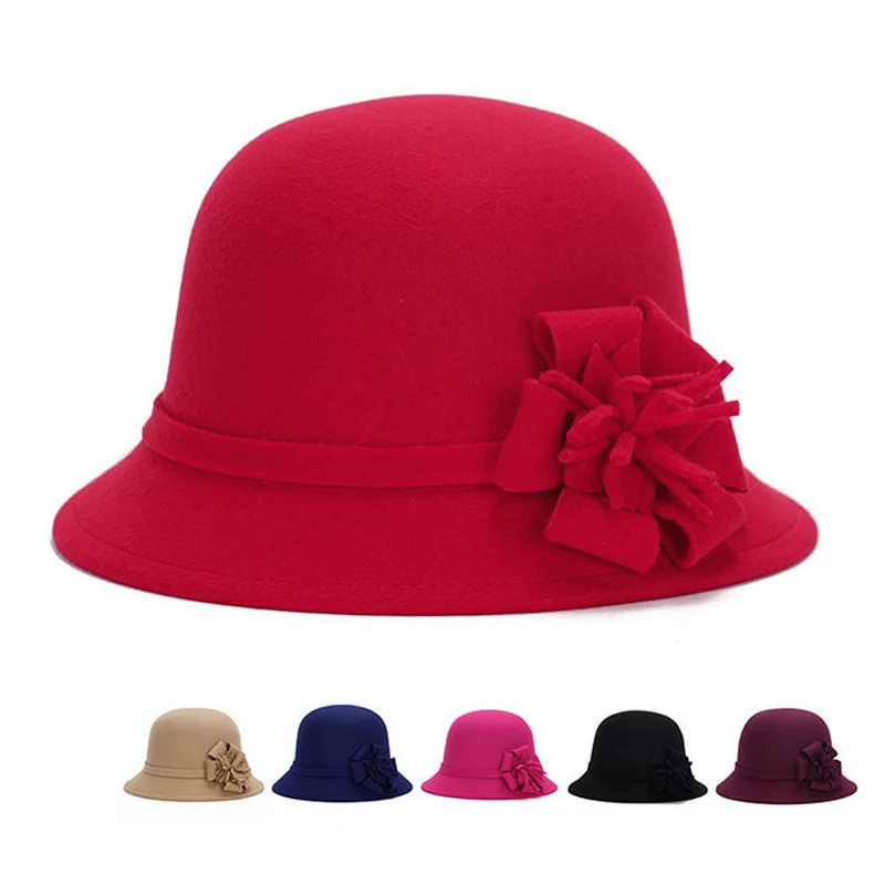 

1PCS women's new style autumn and winter floral top hat, ladies imitation woolen dome hat, retro solid color hat S78