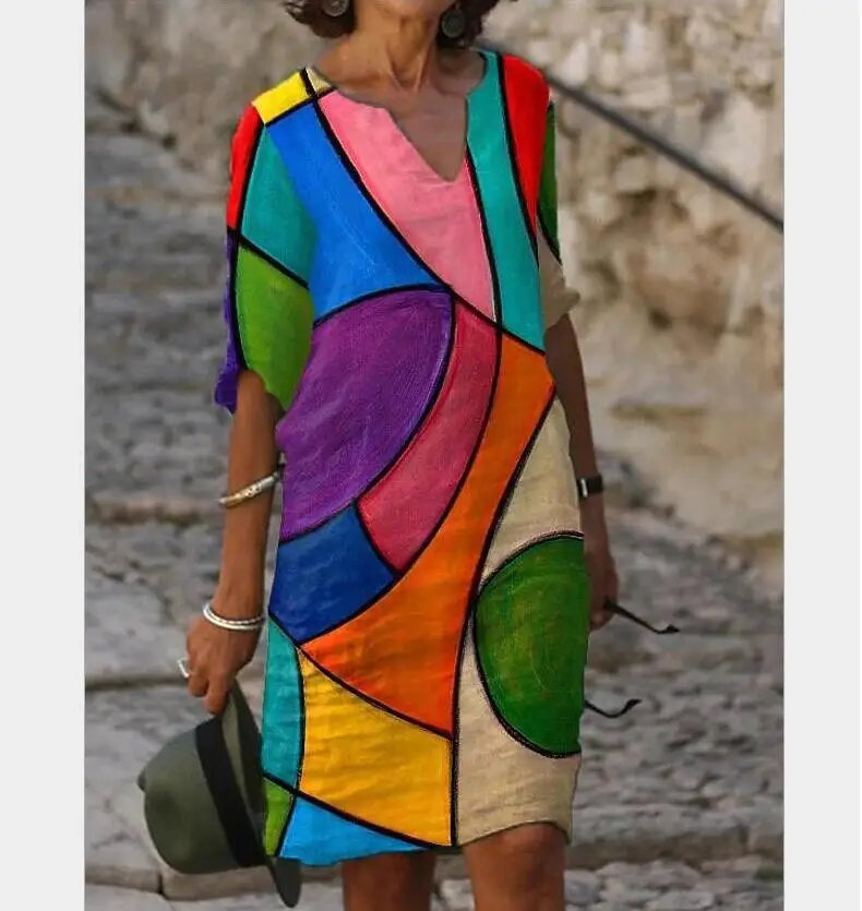 

Fad New Women Printing Dress Summer V-Neck Half Sleeve A-Line Dresses Female Retro litera Vintage Loose Dress Vestidos