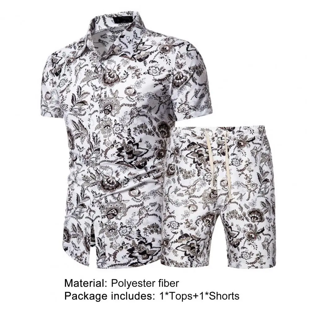 

Men Outfit Floral Print Drawstring Summer Turn Down Collar Shirt Shorts Set Men's Sets Single-breasted printed tracksuit set
