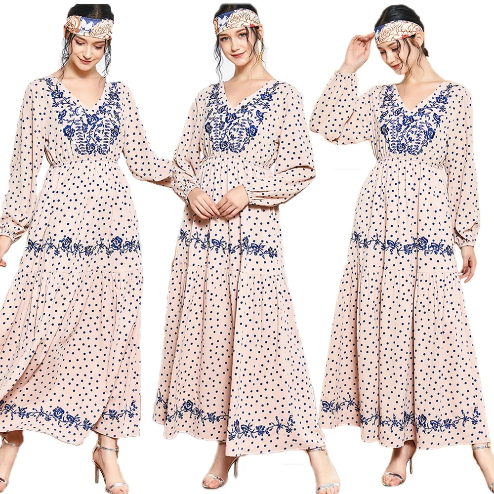 

Women Polka Dot Long Maxi Dress Muslim Abaya Turkish Kaftan Embroidery Jilbab Party Gown Islamic Clothing Caftan Ramadan Robe