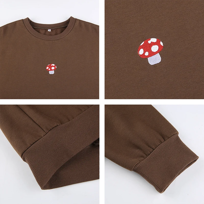 Women Streetwear Pullover Sweatshirts Fashion Embroidery Mushroom Y2K Aesthetic 90s Korean Long Sleeve O-Neck Brown Sweatshirt