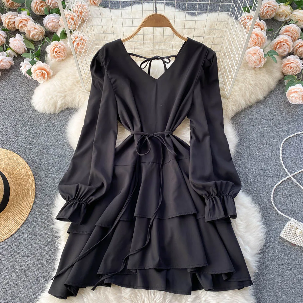 Красное платье C876 женское 2022 весна осень новая мода V-образный вырез прилегающего кроя длинный рукав оборки сплошной цвет повседневные платья.