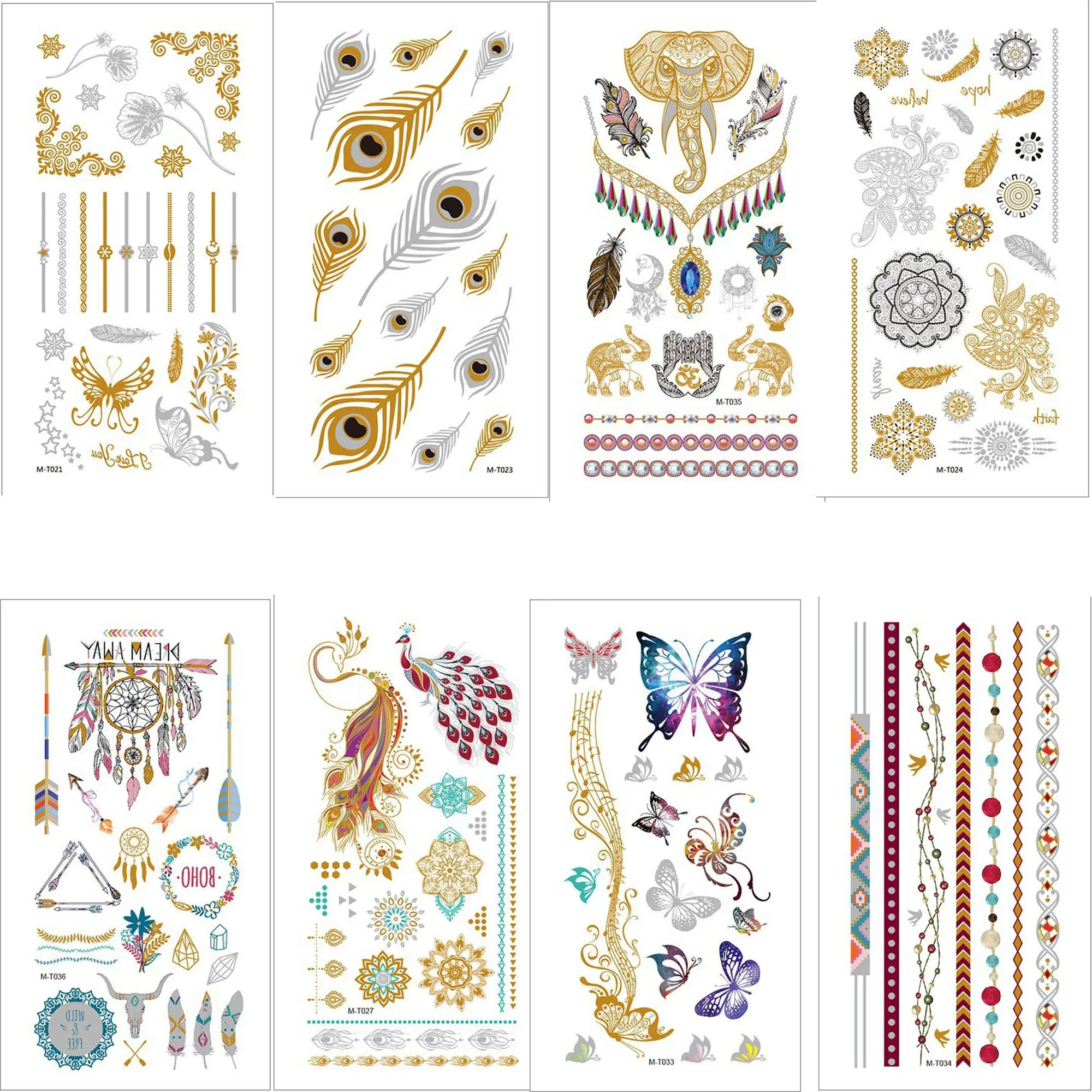 

Flash Metallic Waterproof Bronzing Silver Tattoo Stickers Women Fashion Peacock Feather Design Temporary Tattoo Stick Paster