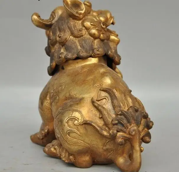 7 &quotКитайский фэн шуй Бронзовая позолоченная Статуя Льва собака фу собаки