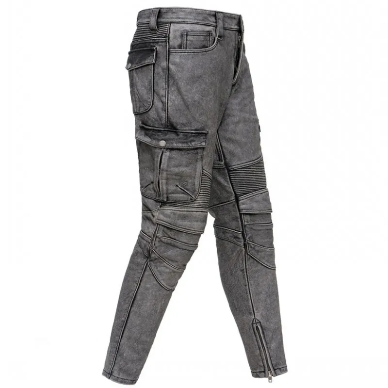 

Moto Biker Cowhide Leather Pencil Pants Mens Slim Fit High Quality Pockets Genuine Leather Cargo Pants Man Long Rider Trousers