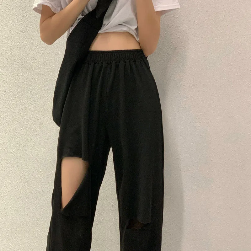 

Women Loose Casual Pants Designer Hole Hipster Soft Summer All-match Teenagers Mopping Solid Females Trousers Breathable Popular