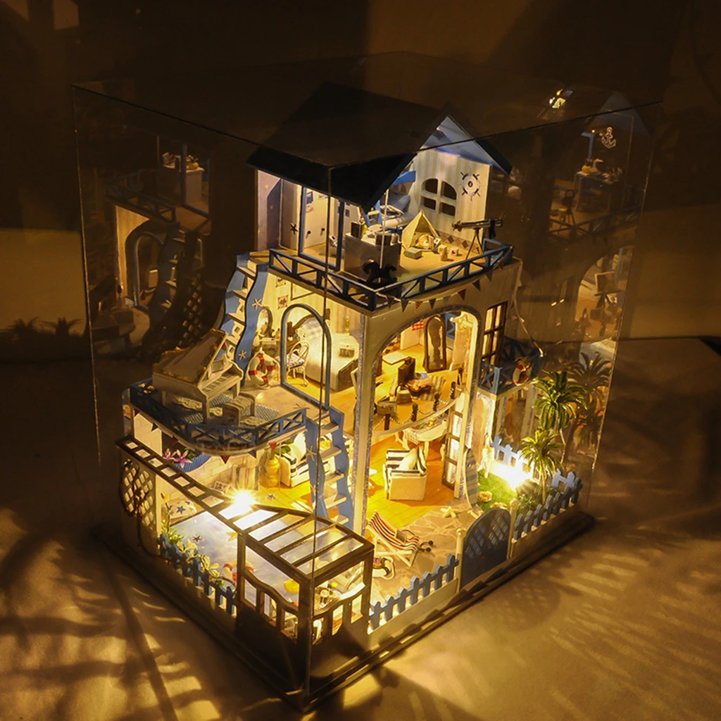 

3D Assemble Wood Miniature DollHouse Blue Aegean Sea and Furniture Kit Fantasy Puzzle Romantic Gift Age 7+