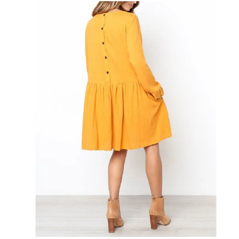 

Women 's Casual Dress Summer 2020 New Yellow Cute O-Neck Long Sleeve Dress Elegant Loose Large Lady Beach Dresses Party Dress