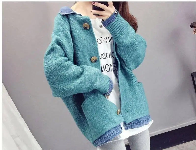 

Fashion Pocket Denim Stitching Fake Two-piece Knit Cardigan Women 2019 Autumn Loose Lazy Wind Long Sleeve Turn-down Sweater Coat